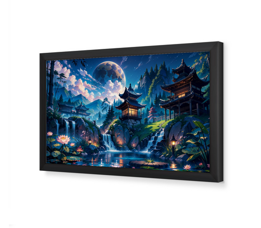 Landscape Waterfall at Night Scenery Framed Poster